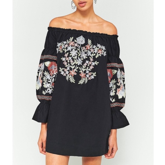 Free People Black Floral Embroidered Off The Shoulder Dress